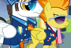 Size: 508x346 | Tagged: safe, screencap, character:fast clip, character:spitfire, species:pegasus, species:pony, episode:wonderbolts academy, clothing, cropped, female, male, manerick, mare, stallion, sunglasses, uniform, whiplash, whistle, wonderbolts dress uniform
