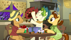 Size: 1920x1080 | Tagged: safe, screencap, character:butternut, character:oak nut, character:pistachio, species:earth pony, species:pony, episode:best gift ever, g4, my little pony: friendship is magic, acorn, acorn family, chair, clothing, cowboy hat, curtains, family, farm, farmhouse, female, hat, husband and wife, male, mare, oven, present, sitting, stallion, stove, sweet acorn orchard, table, teenager