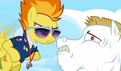 Size: 592x350 | Tagged: safe, screencap, character:bulk biceps, character:spitfire, species:pony, episode:wonderbolts academy, cutie mark, drill sergeant, duo, female, flying, hooves on hips, male, mare, nervous, roid rage, stallion, sunglasses, sweat, unimpressed, whistle