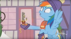 Size: 1659x922 | Tagged: safe, screencap, character:discord, character:rainbow dash, species:pegasus, species:pony, episode:best gift ever, g4, my little pony: friendship is magic, candle, candlestick, clothing, discord candle, duo, female, hat, living object, male, mare, scarf