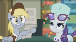 Size: 1660x921 | Tagged: safe, screencap, character:derpy hooves, character:rarity, species:pegasus, species:pony, species:unicorn, episode:best gift ever, g4, my little pony: friendship is magic, clothing, duo, eyeroll, female, glasses, hat, mailmare hat, mare, post office