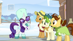 Size: 1920x1080 | Tagged: safe, screencap, character:butternut, character:oak nut, character:pistachio, character:rarity, species:earth pony, species:pony, species:unicorn, episode:best gift ever, g4, my little pony: friendship is magic, acorn family, blush sticker, blushing, boop, boots, clothing, cute, discovery family logo, dress, family, farm, farmhouse, female, glasses, grin, hat, male, mare, quartet, scarf, self-boop, shirt, shoes, smiling, snow, stallion, sunglasses, sweet acorn orchard, teenager