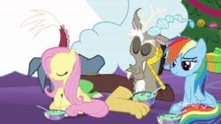 Size: 1280x720 | Tagged: safe, screencap, character:discord, character:fluttershy, character:rainbow dash, species:pony, episode:best gift ever, g4, my little pony: friendship is magic, animated, hearth's warming tree, hug, no sound, present, shipping fuel, tea cozy, tree, webm