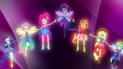 Size: 1920x1080 | Tagged: safe, screencap, character:applejack, character:fluttershy, character:pinkie pie, character:rainbow dash, character:rarity, character:sunset shimmer, character:twilight sparkle, character:twilight sparkle (scitwi), species:eqg human, equestria girls:forgotten friendship, g4, my little pony:equestria girls, clothing, humane five, humane seven, humane six, outfit, ponied up, scitwilicorn