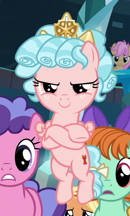 Size: 448x744 | Tagged: safe, screencap, character:amber grain, character:berry blend, character:berry bliss, character:cozy glow, character:peppermint goldylinks, character:strawberry scoop, species:earth pony, species:pegasus, species:pony, episode:school raze, g4, my little pony: friendship is magic, animated, background pony, cropped, crown, female, filly, flying, freckles, friendship student, jewelry, mare, perfect loop, pure concentrated unfiltered evil of the utmost potency, pure unfiltered evil, regalia, solo focus