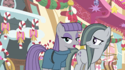Size: 1920x1080 | Tagged: safe, screencap, character:marble pie, character:maud pie, species:earth pony, species:pony, episode:best gift ever, g4, my little pony: friendship is magic, animated, candy, candy cane, duo, female, food, hearth's warming, hearth's warming decorations, mare, maud being maud, pun, rock-in-the-box, sisters, sound, webm