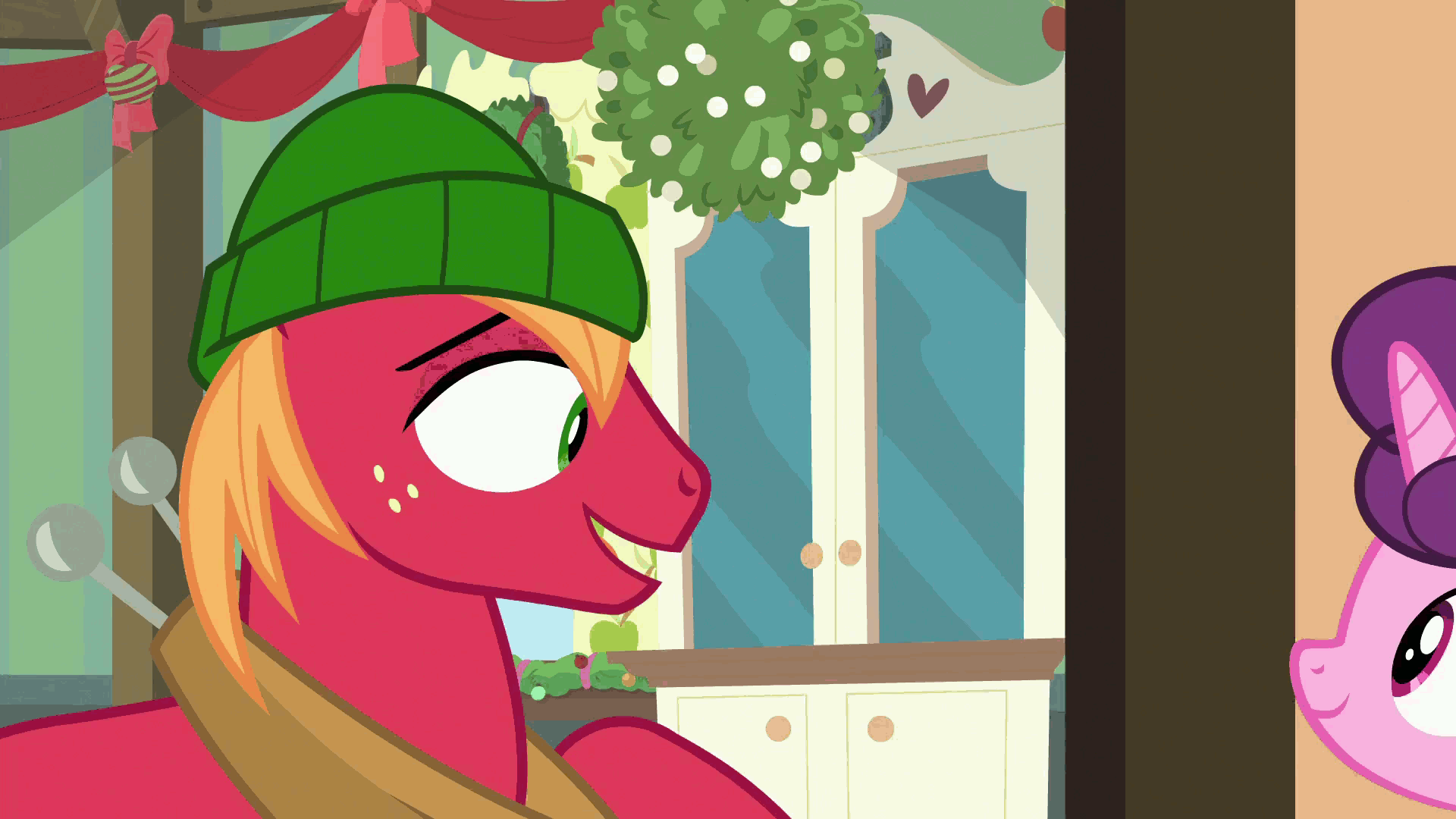Size: 1920x1080 | Tagged: safe, screencap, character:big mcintosh, character:marble pie, character:sugar belle, species:earth pony, species:pony, ship:sugarmac, episode:best gift ever, g4, my little pony: friendship is magic, animated, clothing, female, floppy ears, hat, heartbreak, heartbroken marble, kissing, male, mare, mistletoe, nuzzling, ship sinking, shipping, shipping denied, side chick, stallion, straight, tearjerker