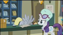 Size: 1280x720 | Tagged: safe, screencap, character:derpy hooves, character:rarity, species:pegasus, species:pony, species:unicorn, episode:best gift ever, g4, my little pony: friendship is magic, clothing, discovery family logo, duo, female, glasses, hat, mare, post office, spread wings, wings