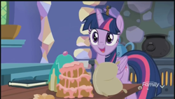 Size: 1280x720 | Tagged: safe, screencap, character:twilight sparkle, character:twilight sparkle (alicorn), species:alicorn, species:pony, episode:best gift ever, g4, my little pony: friendship is magic, book, cake, cauldron, discovery family logo, female, food, kitchen, mare, messy mane, solo