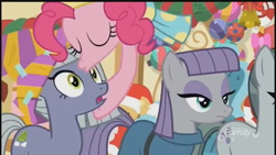 Size: 1280x720 | Tagged: safe, screencap, character:limestone pie, character:marble pie, character:maud pie, character:pinkie pie, species:earth pony, species:pony, episode:best gift ever, g4, my little pony: friendship is magic, clothing, decoration, discovery family logo, eyes closed, female, forehead kiss, hat, kissing, mare, pie sisters, platonic kiss, siblings, sisters