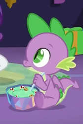 Size: 277x412 | Tagged: safe, screencap, character:spike, species:dragon, episode:best gift ever, g4, my little pony: friendship is magic, bowl, claws, cropped, food, male, pudding, puddinghead's pudding, solo, spoon, tail, winged spike, wings