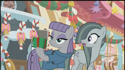 Size: 1280x720 | Tagged: safe, screencap, character:marble pie, character:maud pie, species:earth pony, species:pony, episode:best gift ever, g4, my little pony: friendship is magic, decoration, discovery family logo, duo, female, mare, present, sisters