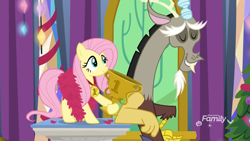 Size: 1280x720 | Tagged: safe, screencap, character:discord, character:fluttershy, species:draconequus, species:pegasus, species:pony, episode:best gift ever, g4, my little pony: friendship is magic, discovery family logo, duo, eyes closed, feather boa, female, male, mare, smiling, trophy
