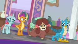 Size: 1920x1080 | Tagged: safe, screencap, character:gallus, character:ocellus, character:smolder, character:yona, species:changedling, species:changeling, species:dragon, species:griffon, species:pony, species:reformed changeling, species:yak, episode:school raze, g4, my little pony: friendship is magic, bow, cloven hooves, dragoness, female, hair bow, monkey swings