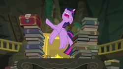 Size: 1920x1080 | Tagged: safe, screencap, character:twilight sparkle, character:twilight sparkle (alicorn), species:alicorn, species:pony, equestria girls:forgotten friendship, g4, my little pony:equestria girls, book, chest, eyes closed, faec, female, fireplace, hoofy-kicks, mare, open mouth, scroll, solo