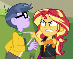 Size: 1215x988 | Tagged: safe, screencap, character:microchips, character:sunset shimmer, equestria girls:forgotten friendship, g4, my little pony:equestria girls, angry, canterlot high, clothing, geode of empathy, glasses, lockers, magical geodes, shoulder bag