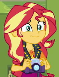 Size: 840x1080 | Tagged: safe, screencap, character:sunset shimmer, equestria girls:forgotten friendship, g4, my little pony:equestria girls, camera, cropped, cute, geode of empathy, magical geodes, shimmerbetes, solo