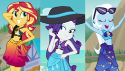 Size: 3416x1920 | Tagged: safe, screencap, character:rarity, character:sunset shimmer, character:trixie, species:pony, species:unicorn, equestria girls:forgotten friendship, g4, my little pony:equestria girls, adorasexy, arm behind head, beach, beach babe, belly button, bikini, bikini babe, bikini top, bow tie, clothing, cropped, cute, diatrixes, female, geode of empathy, geode of shielding, hand on hip, happy, hat, magical geodes, midriff, pose, raribetes, sarong, sexy, shimmerbetes, shoulder bag, skirt, smiling, stomach, sun hat, sunglasses, sunset selfie, swimsuit, trio, trio female
