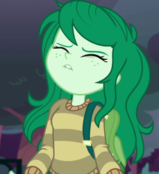 Size: 990x1079 | Tagged: safe, screencap, character:wallflower blush, equestria girls:forgotten friendship, g4, my little pony:equestria girls, angry, backpack, clothing, cropped, jumper, lip bite, out of context, solo, striped sweater, sweater, unf