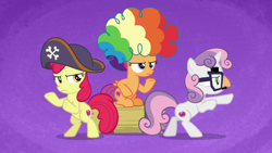 Size: 1280x720 | Tagged: safe, screencap, character:apple bloom, character:scootaloo, character:sweetie belle, species:pegasus, species:pony, episode:hard to say anything, g4, my little pony: friendship is magic, clothing, clown wig, cutie mark crusaders, glasses, groucho mask, hat, pirate hat
