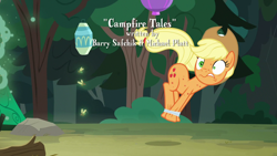 Size: 1280x720 | Tagged: safe, screencap, character:applejack, species:pony, episode:campfire tales, g4, my little pony: friendship is magic, applejack's hat, bondage, clothing, cowboy hat, faec, fly-der, fly-der web, hat, hogtied, lantern, silly, silly pony, solo, stetson, text, tree, who's a silly pony