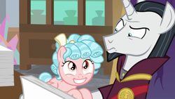 Size: 1280x720 | Tagged: safe, screencap, character:chancellor neighsay, character:cozy glow, species:pegasus, species:pony, episode:school raze, g4, my little pony: friendship is magic, cozy glow is best facemaker, cozybetes, cute, female, filly, foal, grin, personal space invasion, smiling