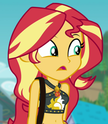 Size: 862x990 | Tagged: safe, screencap, character:sunset shimmer, equestria girls:forgotten friendship, g4, my little pony:equestria girls, belly button, bikini, bikini top, clothing, cropped, geode of empathy, magical geodes, midriff, solo, swimsuit