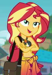 Size: 670x959 | Tagged: safe, screencap, character:sunset shimmer, equestria girls:forgotten friendship, g4, my little pony:equestria girls, bag, belly button, clothing, cropped, crossed arms, female, geode of empathy, magical geodes, midriff, sleeveless, solo, swimsuit