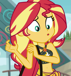 Size: 1007x1078 | Tagged: safe, screencap, character:sunset shimmer, equestria girls:forgotten friendship, g4, my little pony:equestria girls, belly button, clothing, cropped, geode of empathy, magical geodes, midriff, solo, swimsuit