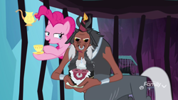 Size: 1920x1080 | Tagged: safe, screencap, character:lord tirek, character:pinkie pie, species:centaur, species:earth pony, species:pony, episode:school raze, g4, my little pony: friendship is magic, cage, clothing, cup, duo, female, food, hat, male, mare, nose piercing, nose ring, party hat, piercing, prehensile mane, teacup