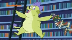 Size: 320x180 | Tagged: safe, screencap, character:sludge, episode:father knows beast, g4, my little pony: friendship is magic, book, bookshelf, everything is ruined, jerk, ladder, library, pure unfiltered evil, solo, twilight's castle, twilight's castle library