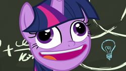 Size: 1920x1080 | Tagged: safe, screencap, character:twilight sparkle, character:twilight sparkle (alicorn), species:alicorn, species:pony, episode:best gift ever, g4, my little pony: friendship is magic, chalkboard, crazy face, creepy, derp, discovery family logo, faec, female, here we go again, it begins, lightbulb, mare, meme origin, open mouth, pudding face, solo, twilight snapple, twilight sparkle is best facemaker, wall eyed, wat