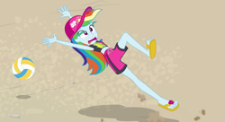 Size: 1495x813 | Tagged: safe, screencap, character:rainbow dash, equestria girls:forgotten friendship, g4, my little pony:equestria girls, belly button, clothing, feet, flip-flops, geode of super speed, magical geodes, midriff, sandals, solo, sports, swimsuit, toes, volleyball