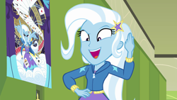 Size: 1920x1080 | Tagged: safe, screencap, character:trixie, equestria girls:forgotten friendship, g4, my little pony:equestria girls, canterlot high, lockers, magic show, open mouth, playing card, poster