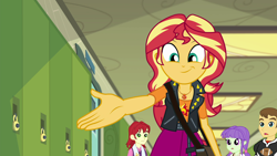Size: 1920x1080 | Tagged: safe, screencap, character:nolan north, character:starlight, character:sunset shimmer, equestria girls:forgotten friendship, g4, my little pony:equestria girls, :t, background human, geode of empathy, magical geodes, nolan north, smiling, starlight, teddy t. touchdown