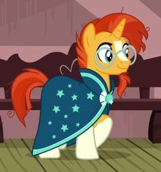 Size: 470x501 | Tagged: safe, screencap, character:sunburst, species:pony, species:unicorn, episode:uncommon bond, g4, my little pony: friendship is magic, clothing, cropped, glasses, male, messy mane, robe, smiling, solo, stallion, sunburst's glasses, sunburst's robe