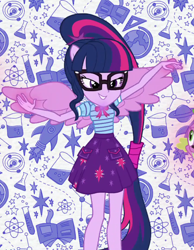 Size: 840x1080 | Tagged: safe, screencap, character:spike, character:spike (dog), character:twilight sparkle, character:twilight sparkle (scitwi), species:dog, species:eqg human, my little pony:equestria girls, clothing, cropped, female, geode of telekinesis, glasses, intro, magical geodes, offscreen character, ponied up, ponytail, scitwilicorn, skirt, smiling, wings