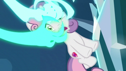 Size: 1280x720 | Tagged: safe, screencap, character:sweetie belle, species:pony, species:unicorn, episode:school raze, g4, my little pony: friendship is magic, female, filly, foal, hand, magic, magic hands, out of context, solo, trapped
