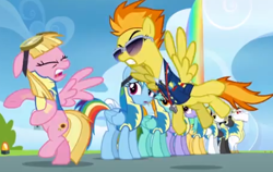 Size: 458x290 | Tagged: safe, screencap, character:bulk biceps, character:cloudchaser, character:lightning dust, character:meadow flower, character:rainbow dash, character:spitfire, character:sunshower raindrops, character:thunderlane, species:pony, episode:wonderbolts academy, drill sergeant, female, male, mare, nervous, now, stallion, starry eyes, sunglasses, training, yelling