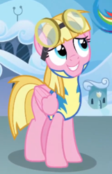 Size: 328x508 | Tagged: safe, screencap, character:meadow flower, species:pegasus, species:pony, episode:wonderbolts academy, cropped, goggles, looking up, smiling, solo, wonderbolt trainee uniform