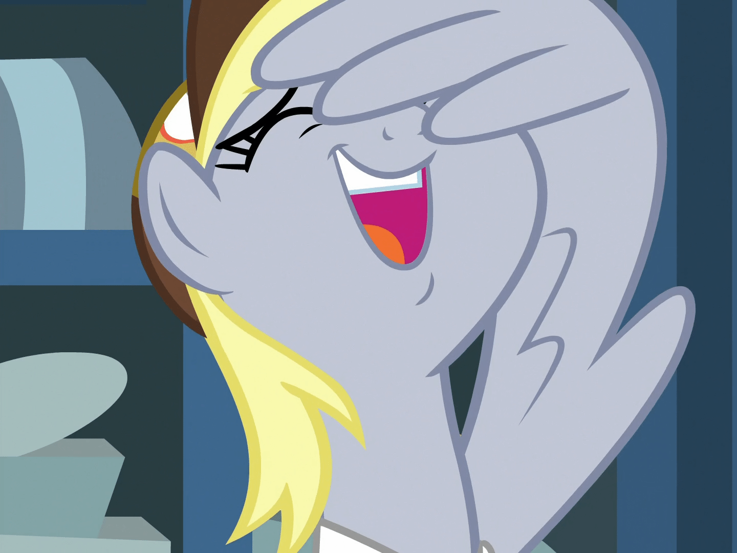 Size: 1440x1080 | Tagged: safe, screencap, character:derpy hooves, episode:best gift ever, g4, my little pony: friendship is magic, animated, cropped, cute, derpabetes, eyes closed, laughing, laughingmares.jpg, loop, mailmare, solo, wing hands