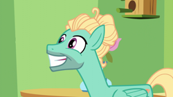 Size: 1280x720 | Tagged: safe, screencap, character:zephyr breeze, species:pegasus, species:pony, episode:flutter brutter, g4, my little pony: friendship is magic, awkward smile, five o'clock shadow, grin, hair bun, male, season 6, smiling, stallion, wings