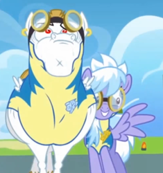 Size: 656x698 | Tagged: safe, screencap, character:bulk biceps, character:cloudchaser, species:pegasus, species:pony, episode:wonderbolts academy, background pony, clothing, cropped, duo, ear piercing, earring, female, goggles, jewelry, lead pony badge, male, mare, nervous, piercing, stallion, uniform, wingpony badge, wonderbolt trainee uniform