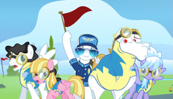 Size: 1233x711 | Tagged: safe, screencap, character:bulk biceps, character:cloudchaser, character:fast clip, character:meadow flower, character:starry eyes, species:pegasus, species:pony, episode:wonderbolts academy, clothing, ear piercing, earring, female, flag, glasses, goggles, hat, hoof hold, jewelry, male, manerick, mare, milky way, piercing, roid rage, stallion, sunglasses, uniform, wingpony badge, wonderbolt trainee uniform