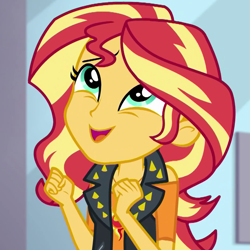 Size: 935x935 | Tagged: safe, screencap, character:sunset shimmer, episode:a fine line, g4, my little pony:equestria girls, clothing, cropped, cute, geode of empathy, happy, leather vest, looking up, magical geodes, shimmerbetes, solo