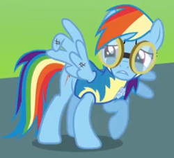 Size: 314x286 | Tagged: safe, screencap, character:rainbow dash, species:pegasus, species:pony, episode:wonderbolts academy, clothing, cropped, female, goggles, injured, injured wing, mare, raised hoof, uniform, wonderbolt trainee uniform