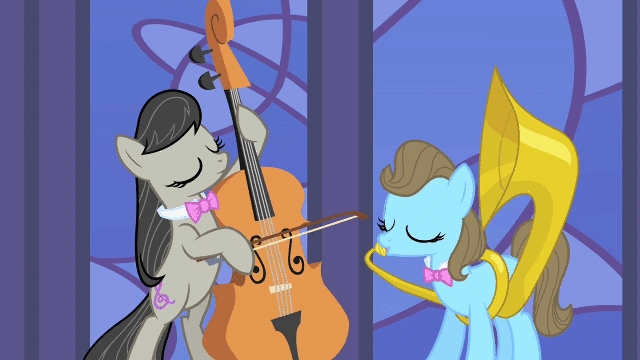 Size: 640x360 | Tagged: safe, screencap, character:beauty brass, character:octavia melody, species:earth pony, species:pony, episode:the best night ever, g4, my little pony: friendship is magic, animated, cello, duo, duo female, eyes closed, female, gif, mare, musical instrument, sousaphone