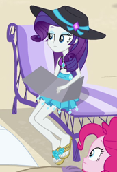 Size: 303x444 | Tagged: safe, screencap, character:pinkie pie, character:rarity, equestria girls:forgotten friendship, g4, my little pony:equestria girls, clothing, cropped, fainting couch, feet, flip-flops, hat, sandals, sun hat, swimsuit, tanning mirror