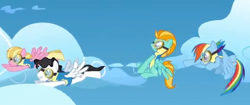 Size: 630x264 | Tagged: safe, screencap, character:lightning dust, character:meadow flower, character:rainbow dash, character:starry eyes, episode:wonderbolts academy, goggles, milky way, wonderbolt trainee uniform