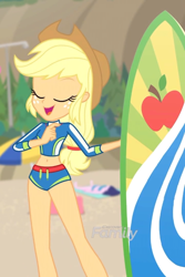 Size: 480x720 | Tagged: safe, screencap, character:applejack, episode:blue crushed (a.k.a baewatch), g4, my little pony:equestria girls, applejack's hat, belly button, clothing, cowboy hat, cropped, discovery family logo, eyes closed, female, hat, legs, smiling, solo, solo focus, surfboard, swimsuit